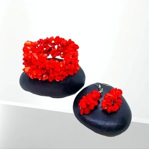 Red coral handmade bracelet with earrings jewelry set